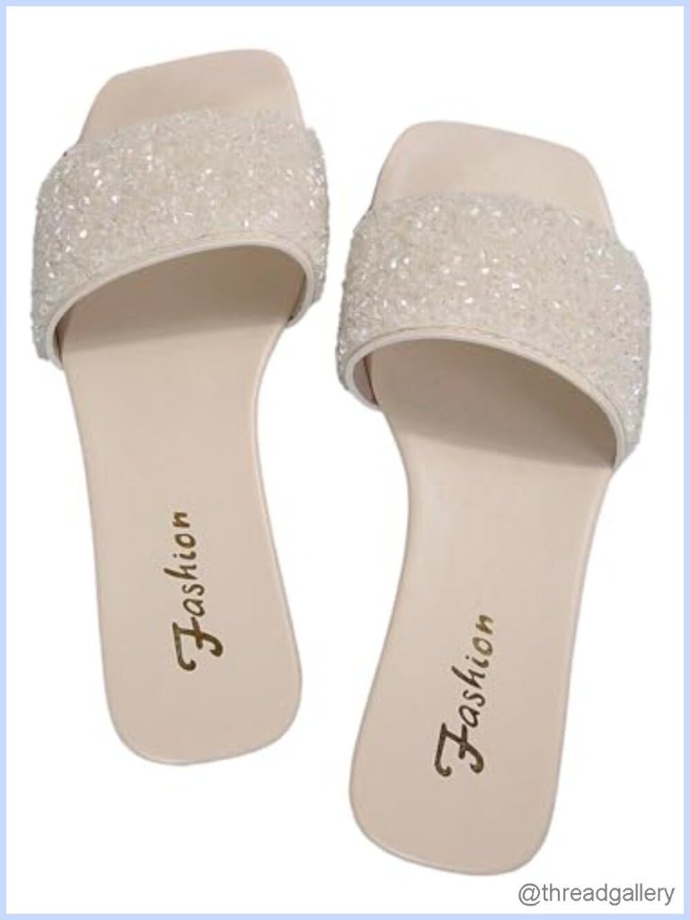 PU Leather Rhinestone Slide Sandals Square Open Toe Slip On Dressy Flats